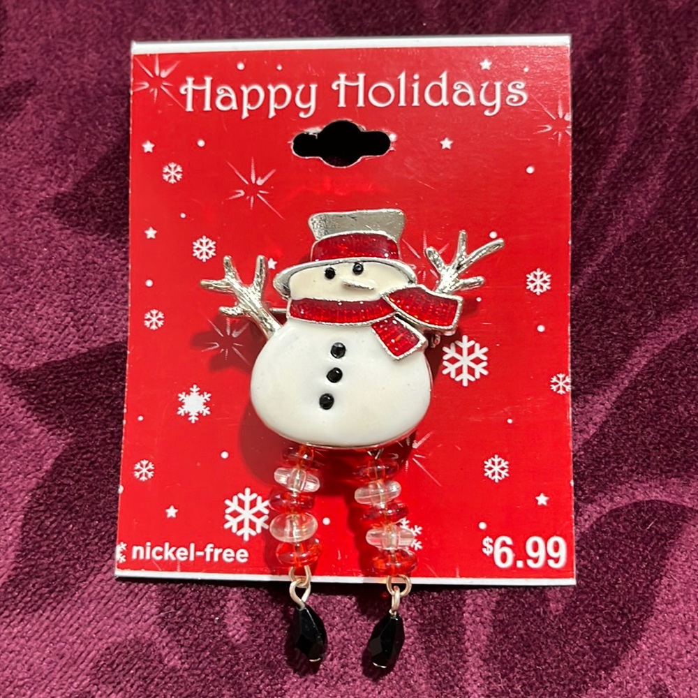 NWT winter snowman enamel pin with beaded legs